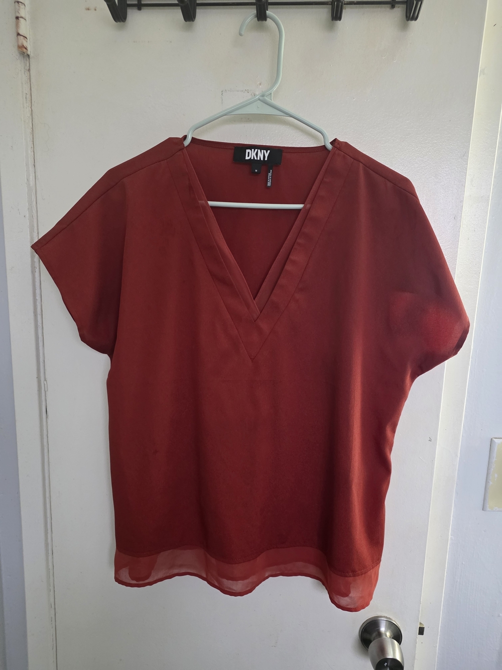 DKNY Women's Red V-Neck Short Sleeve Blouse